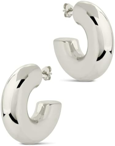 Waterproof Thick Silver Chunky Hoops Earrings For Women,Non Tarnish Silver Circle Open Hoop,Lightweight Hollow Earrings For Women Trendy