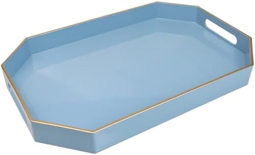 Spsyrine Blue Plastic Serving Tray for Ottoman, Coffee Table, Octagon Decorative Tray for Entertaining, Outdoor, Living Room, Home Decor
