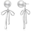 STAYLOVE Small Silver Bow Ribbon Pearl Earrings for Women Trendy 925 Sterling Silver Post lightweight 14k Real Gold Plated Bow Drop Dangle Earrings for Women