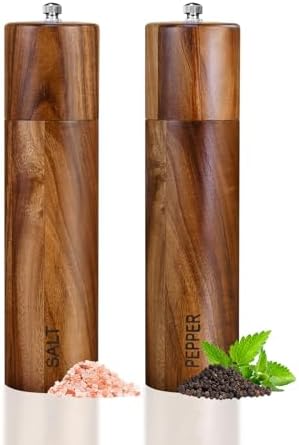 2 Pack Acacia Wooden Salt and Pepper Grinder Set 8 Inches Refillable Salt and Pepper Mills Adjustable Coarseness, Acacia Wood with Ceramic Core Peppercorn Shaker Tableware Birthday Gifts