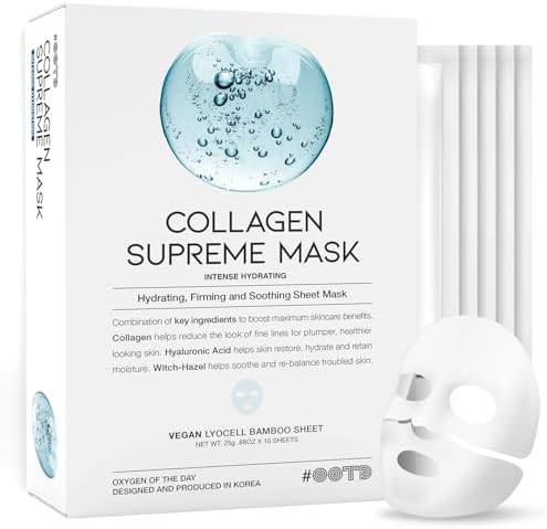 #OOTD Collagen Hydrating Sheet Masks for Face Korean Anti Aging Mask Sheet for Dry Skin & Sensitive Skin, EVE Vegan, Not Tested on Animals, No Parabens, No Sulfates, Hyaluronic Acid, Witch Hazel 10EA