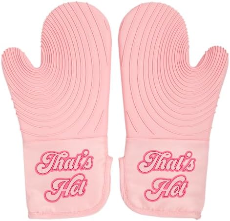Paris Hilton Oven Mitt Set with Iconic That's HOT Design, Heat Resistant Pot Holders Featuring Non-Slip Textured Silicone Grips, 2-Piece Set, Pink