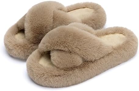 Chantomoo Women's Cross Slippers Memory Foam House Bedroom Slippers for Women Fuzzy Plush Comfy Faux Fur Lined Slide Shoes Anti-Skid Sole Trendy Gift Slippers Light BrownSize7 8 6.5