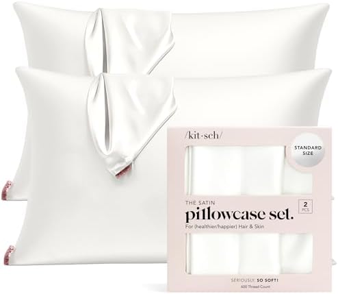 Kitsch Satin Pillowcase with Zipper for Hair & Skin, Softer Than Silk Pillow Cases Queen Size Set of 2, Wrinkle-Free, Smooth and Cooling Satin Pillow Covers, Standard Size 19"x26" - Ivory, 2pcs