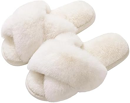 Evshine Women's Fuzzy Slippers Cross Band Memory Foam House Slippers Open Toe Indoor Outdoor Shoes, White, 36-37 (Size 5-6.5)