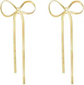 LOKLIFFAI Bow Drop Dangle Earrings for Women, Long Tassel Chain Earrings Wedding Statement Earrings