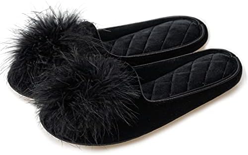GRITHEIM Women's Fuzzy Pom Pom Feather Velvet House Slippers Sexy Cozy Bedroom Slippers for Ladies Non-slip Sole Indoor Outdoor (Black, Adult, Women, 5, Numeric Range, US Footwear Size System, 6, Medium)