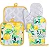 Ferrochef 4 Pcs Oven Mitts and Pot Holders Cute Lemon Oven Gloves and Pot Holders Heat Resistant Non Slip Ovens Mitts for Cooking Baking Accessories Fruit Themed Kitchen Linens, 6"x12"