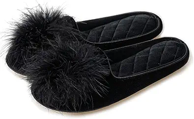 GRITHEIM Women's Fuzzy Pom Pom Velvet Memory Foam House Slippers Ladies Cozy Chenille Knit Bedroom Slippers Non-slip Sole Indoor Outdoor