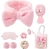 9 Pcs Sleepover Party Supplies for Girls Include Spa Headband Sleep Eye Mask Pink Scrunchie with Coquette Bow Mirror Hair Com