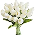 Mandy's Artificial Tulips 20 Stems White PU Faux Flowers for Valentine's Day and New Year Decorations Wedding Home Decor 13.5
