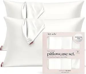 Kitsch Satin Pillowcase with Zipper for Hair &amp; Skin, Softer Than Silk Pillow Cases Queen Size Set of 2, Wrinkle-Free, Smooth and Cooling Satin Pillow Covers, Standard Size 19"x26" - Ivory, 2pcs