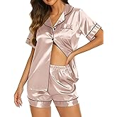 Ekouaer Silk Pajamas for Women Short Sleeve Sleepwear Soft Button Down Loungewear 2 Piece Satin Pjs Shorts Set