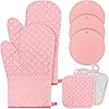 Sumind Oven Mitts and Pot Holders 7 Sets, Heat Resistant Kitchen Gloves Pads Potholders for Valentine Women Gifts Cotton Pot Holders Kitchen Accessories Gift for Cooking Baking(Pink,Rubber)