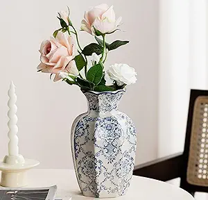 Blue and White Vase, Vintage Blue Ceramic Flower Vessel,Ceramic vases for Home Decor,Vintage Green and Beige for Console Table Mantle Chinoiserie Decor (Blue and White-01, Large)