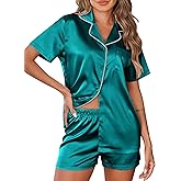 Ekouaer Womens Silk Satin Pajamas Set 2 Piece Pjs Short Sleeve Sleepwear Button Down Top and Shorts Loungewear S-XXL